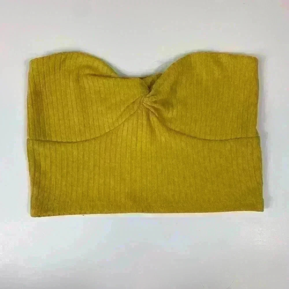 Forever 21 Yellow Bando Ribbed Crop Top Bra WOMENS L Boho Festival Sleeveless - Picture 3 of 7
